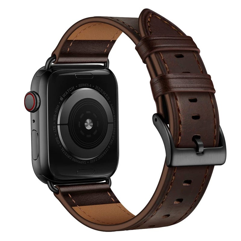 OUHENG Leather Bands Compatible with Apple Watch Band 49mm/46mm/45mm/44mm/42mm, Genuine Leather Strap for iWatch Series 11/10/9/8/7/6/5/4/3/2/1 & Ultra 3/2/1 & SE3 SE2 SE, Dark Brown/Black - Image 2